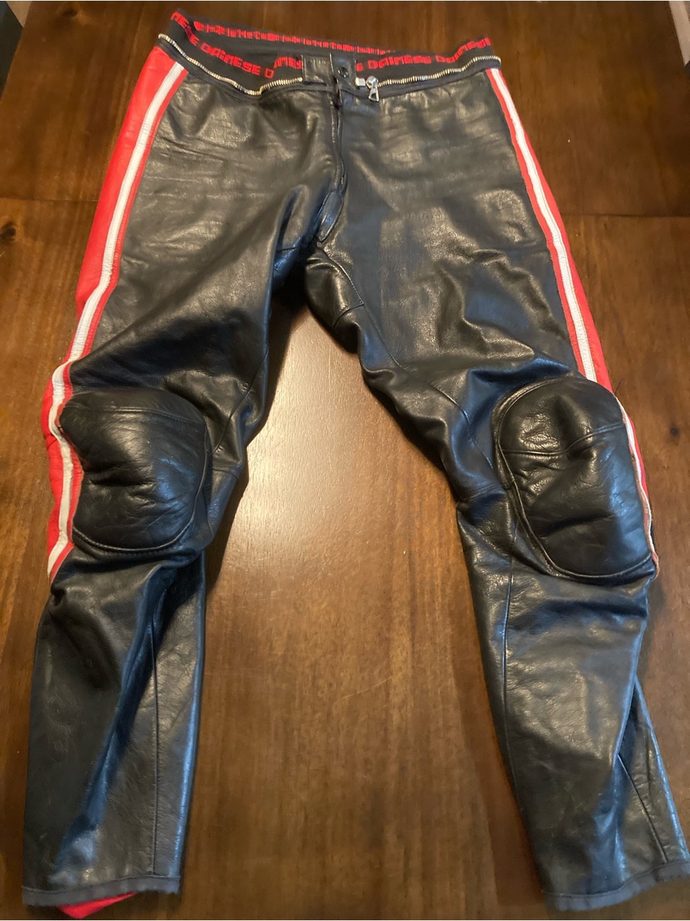 Dainese Men's Black Leather Racing Pants with Red Stripe VTG